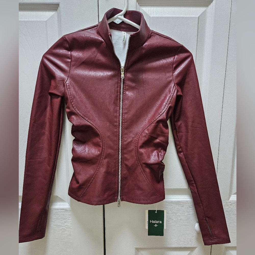 HALARA Women's Faux Leather Thumb Hole Jacket Burgundy Size XS New